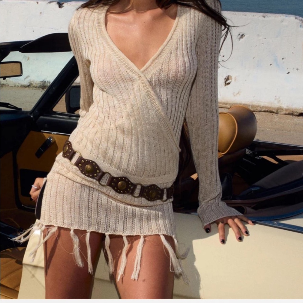 Edikted Tassel Knit Wrap Mini Dress